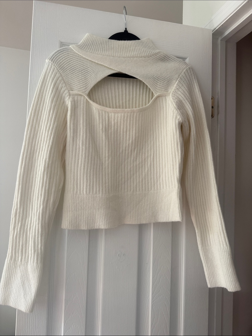 Women's Cream Rib-Knit Off-the-Shoulder Sweater with Back Cutout